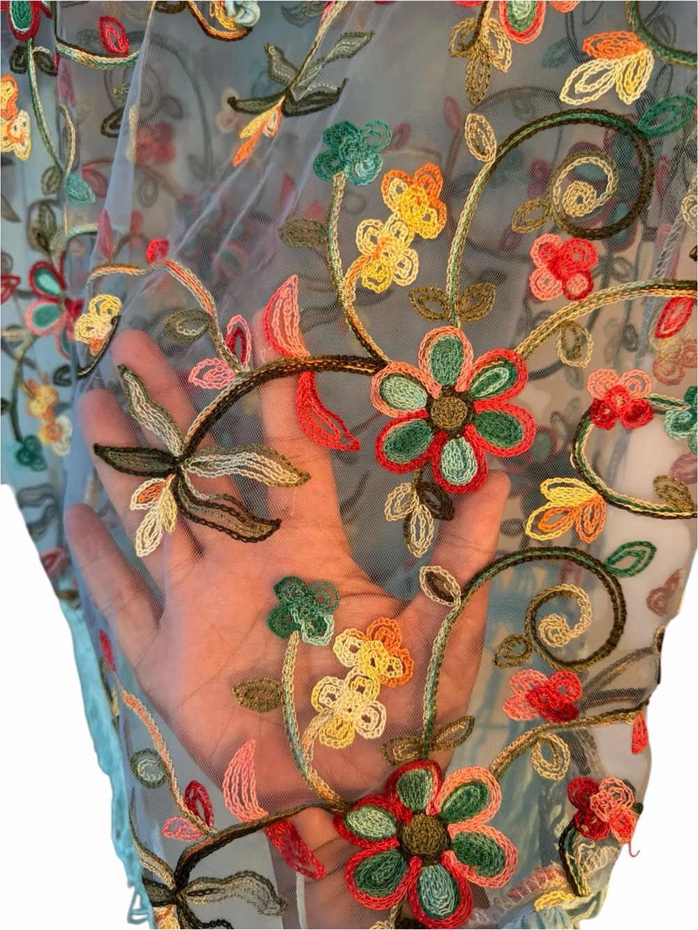 Casa Amayal Sheer Embroidered Crochet Fringe Boho Beach Cover Up OS - Picture 6 of 9